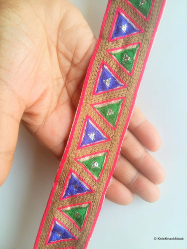 Wholesale Gold Fabric Trim With Green and Blue Triangle Embroidery, Embroidered Trim, 9 Yards